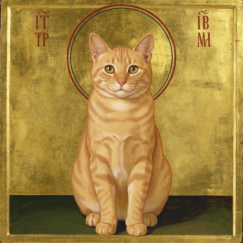 The same ginger tabby as a Saintly Whiskers gold-leaf icon with a halo
