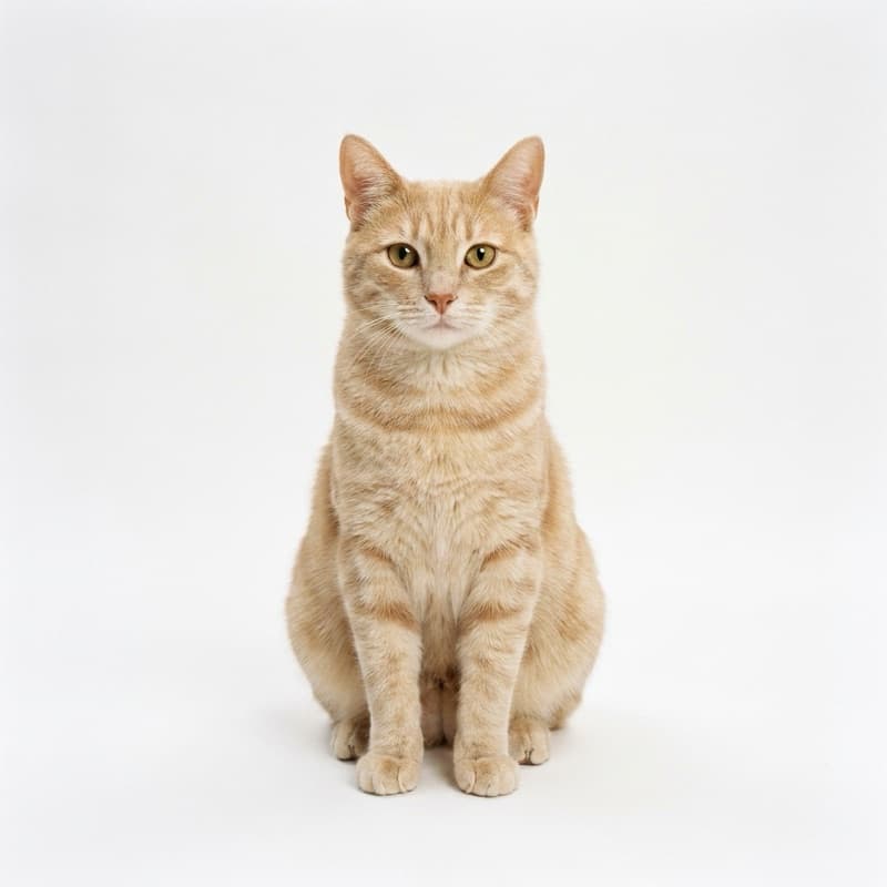 A ginger tabby cat photographed sitting against a plain background