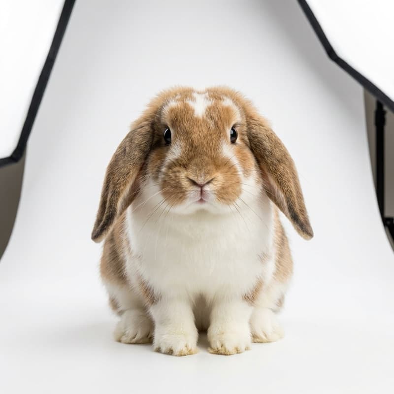 A lop-eared rabbit photographed against a plain background